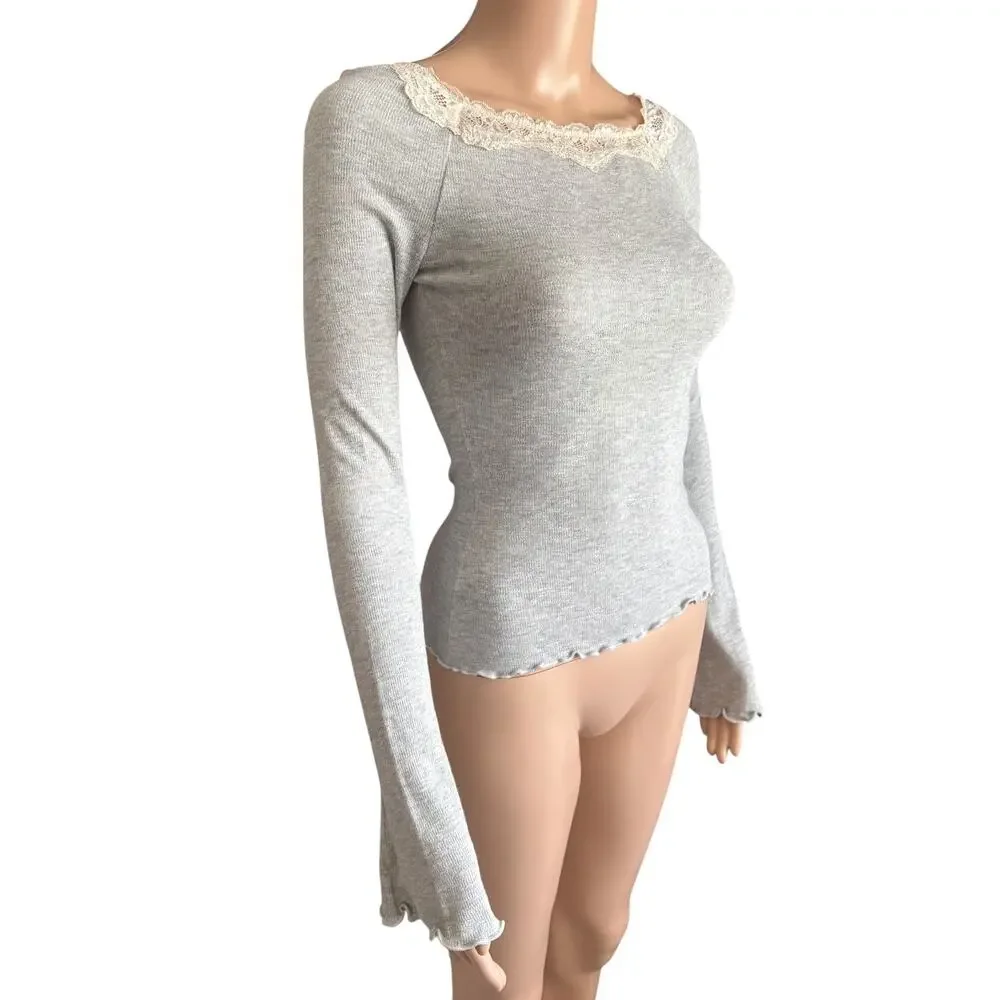 Free People Lace Trim Thermal Top Bell Sleeve Coquette Light Boho Gray NWT M - Picture 2 of 8
